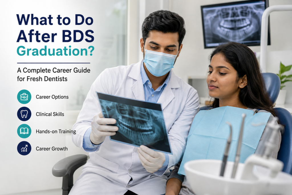 Fresh BDS graduate learning clinical skills from an experienced dentist during hands-on dental training.